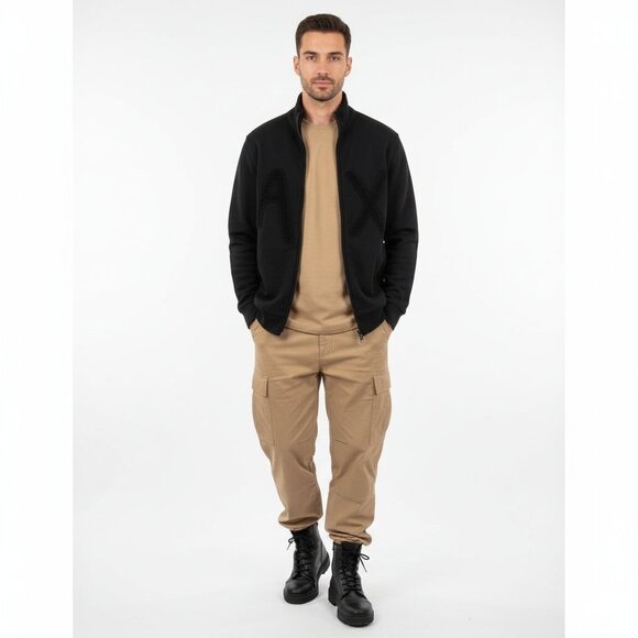 Armani Exchange Black Logo Chest Terry Zip Up Athletic Sport Collarless Jacket - Picture 7 of 7